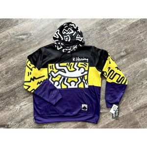 Keith Haring X Members Graffiti Art Sketch Graphic Hoodie Black Purple Yellow L